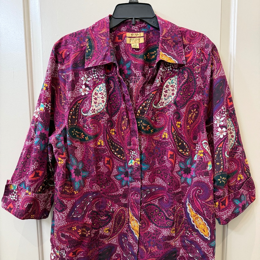 Investments Gold Label Women's 3/4 Sleeve Maroon Paisley size 20w button down